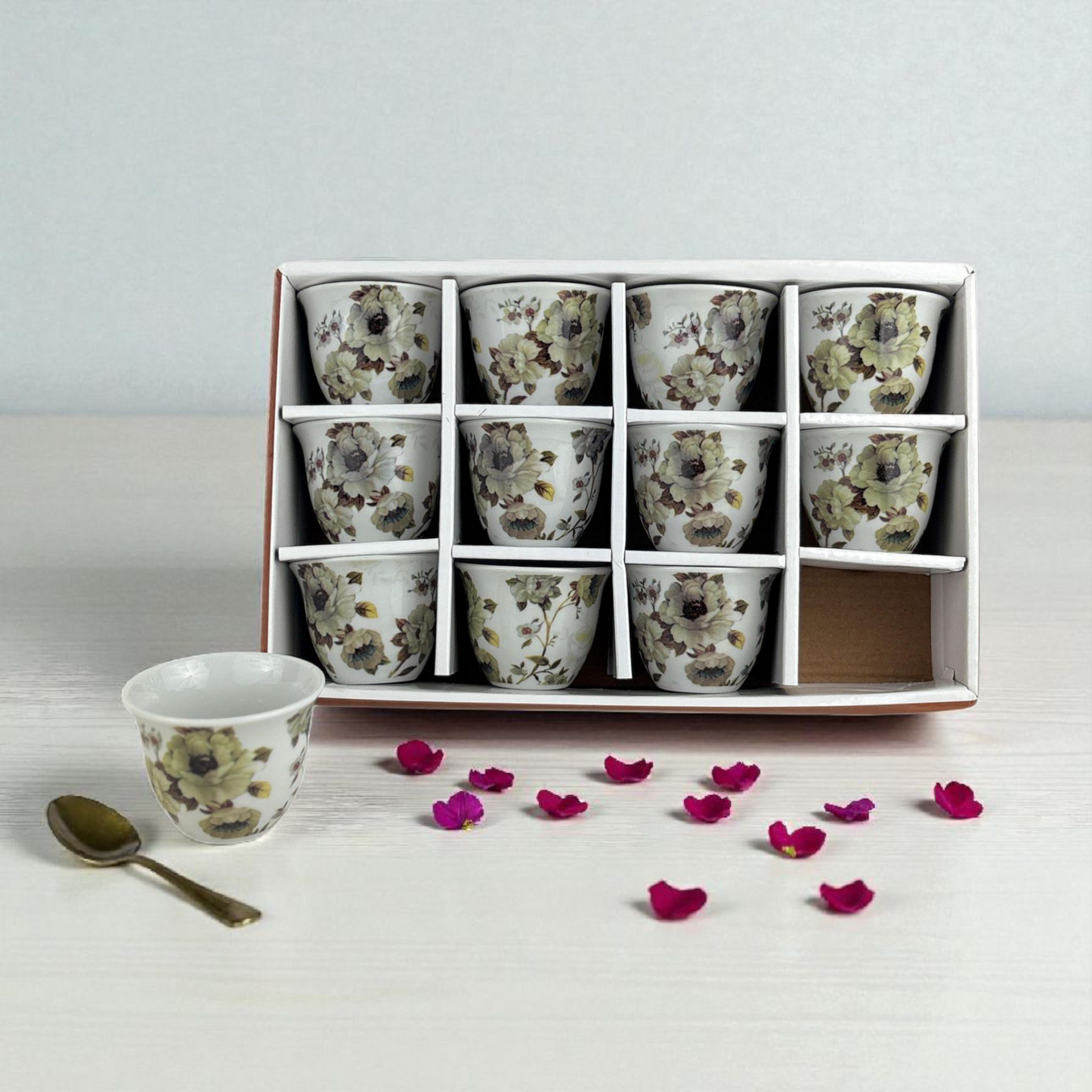 12-Piece Floral Arabic Coffee Cups – Vintage Flower Design Finjan Set (Ceramic)