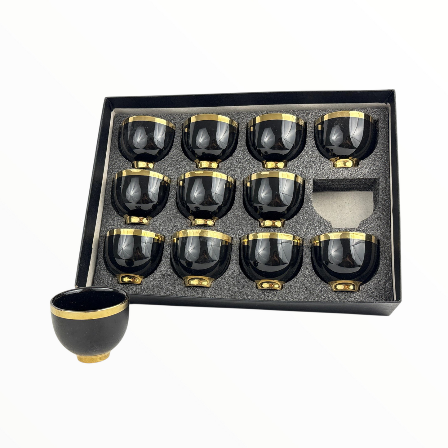 12-Piece Premium Black & Gold Arabic Coffee Cups – Luxury Glossy Finjan Set