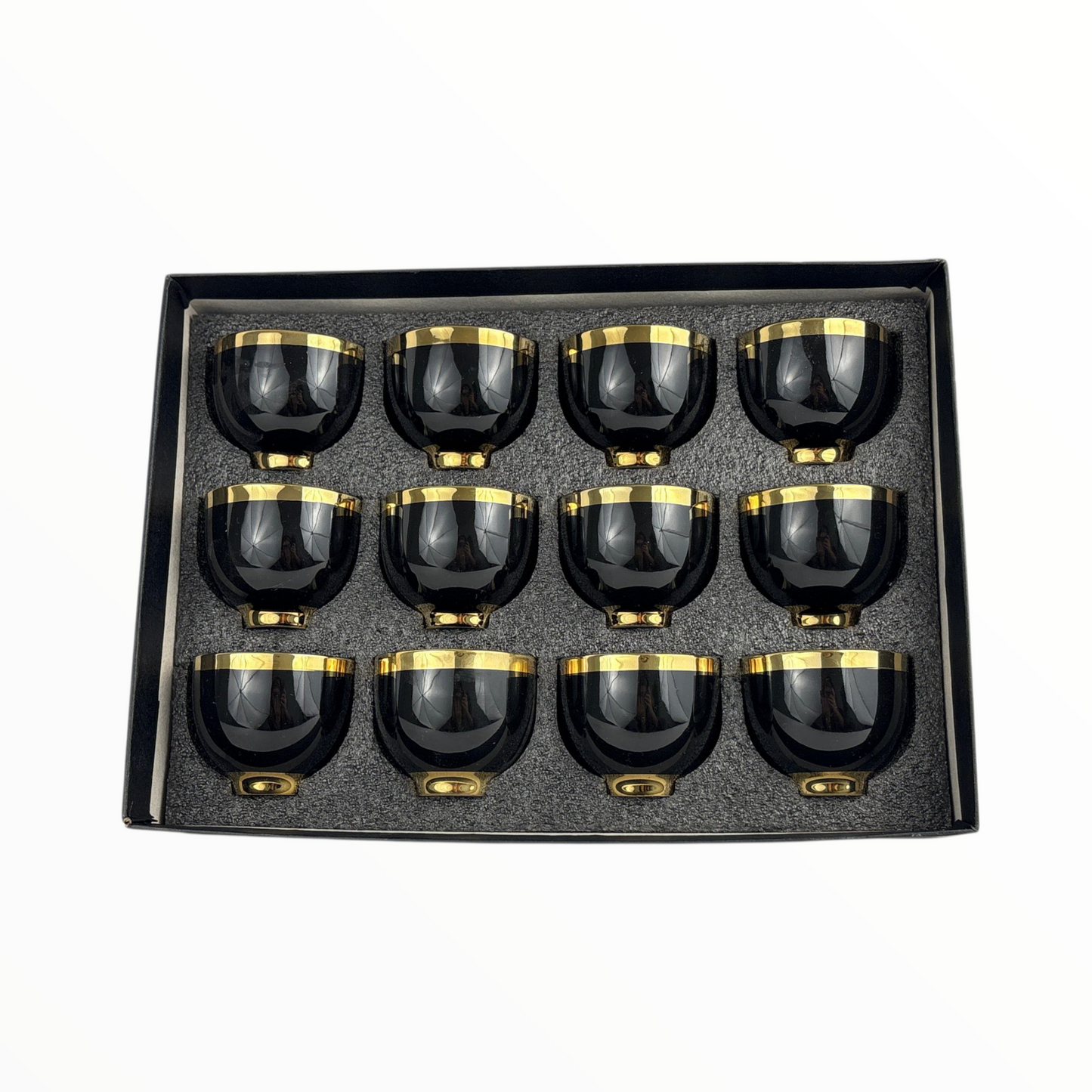 12-Piece Premium Black & Gold Arabic Coffee Cups – Luxury Glossy Finjan Set