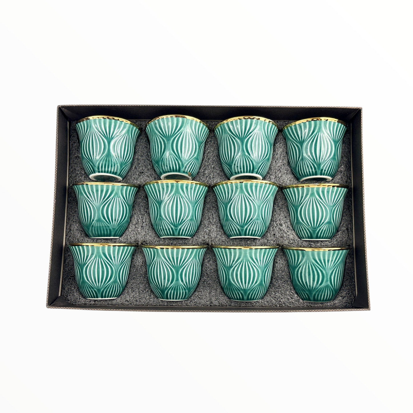 12-Piece Emerald Green Arabic Coffee Cups – Luxury Textured Finjan Set with Gold Rim