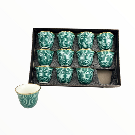12-Piece Emerald Green Arabic Coffee Cups – Luxury Textured Finjan Set with Gold Rim