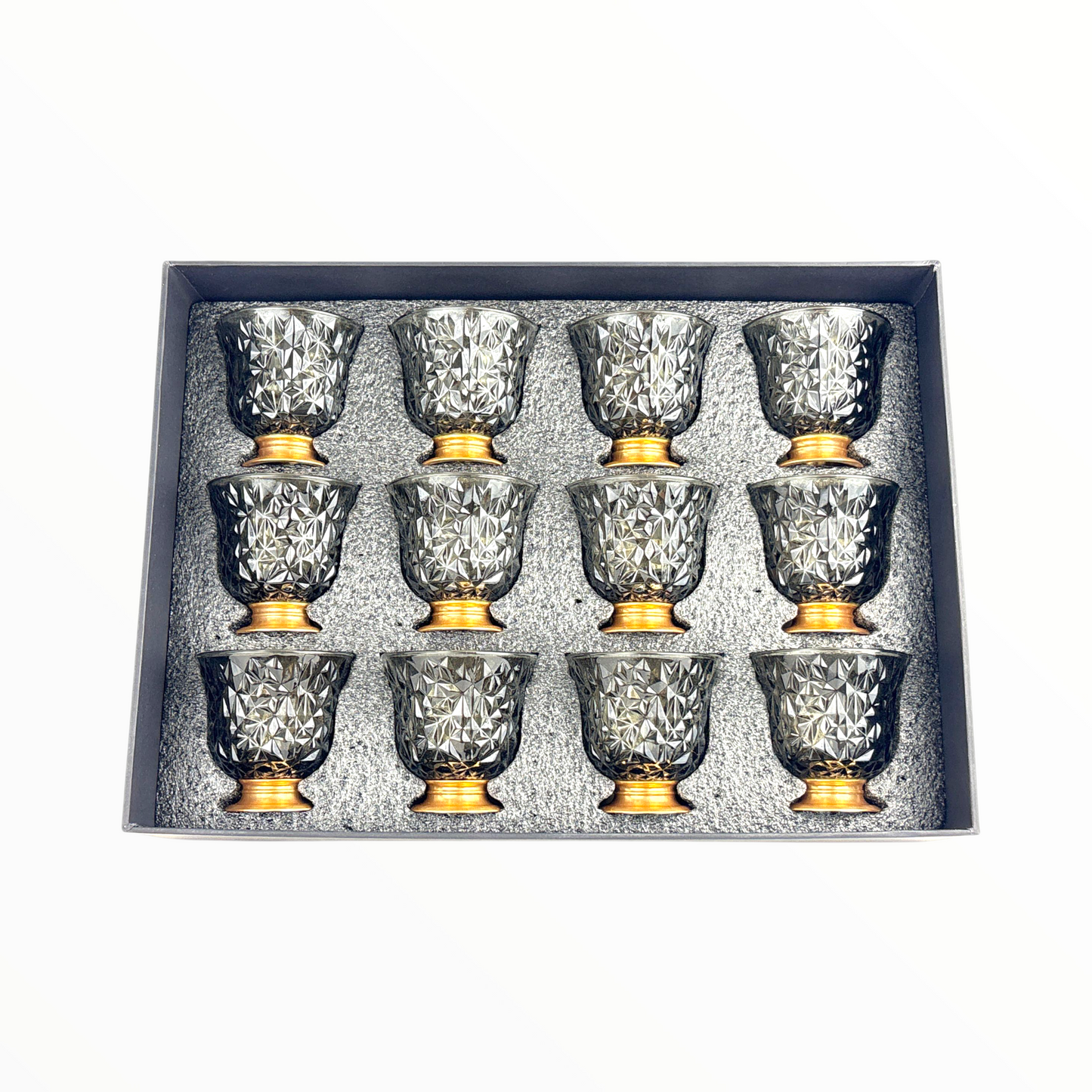 12-Piece Crystal Black Arabic Coffee Cups – Diamond Cut Finjan Set with Gold Base