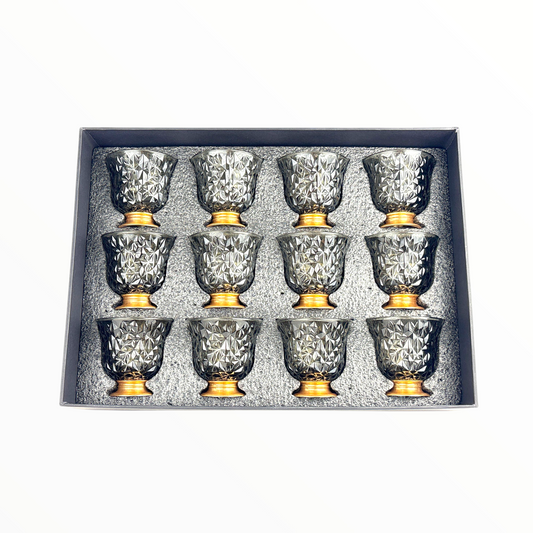 12-Piece Crystal Black Arabic Coffee Cups – Diamond Cut Finjan Set with Gold Base