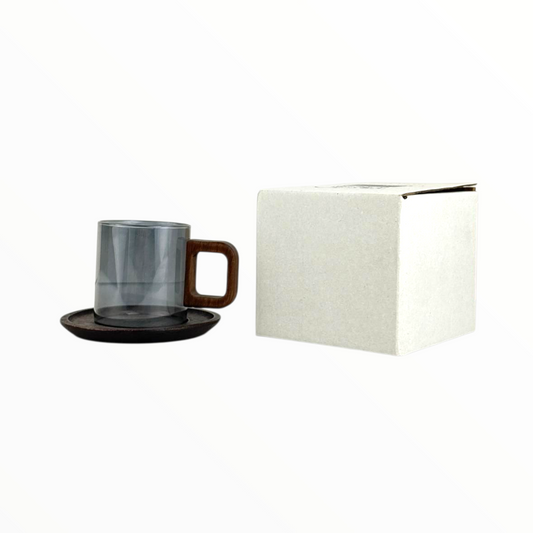 Modern Glass Coffee Cup with Wooden Handle & Wooden Saucer – Heat-Resistant Elegant Mug