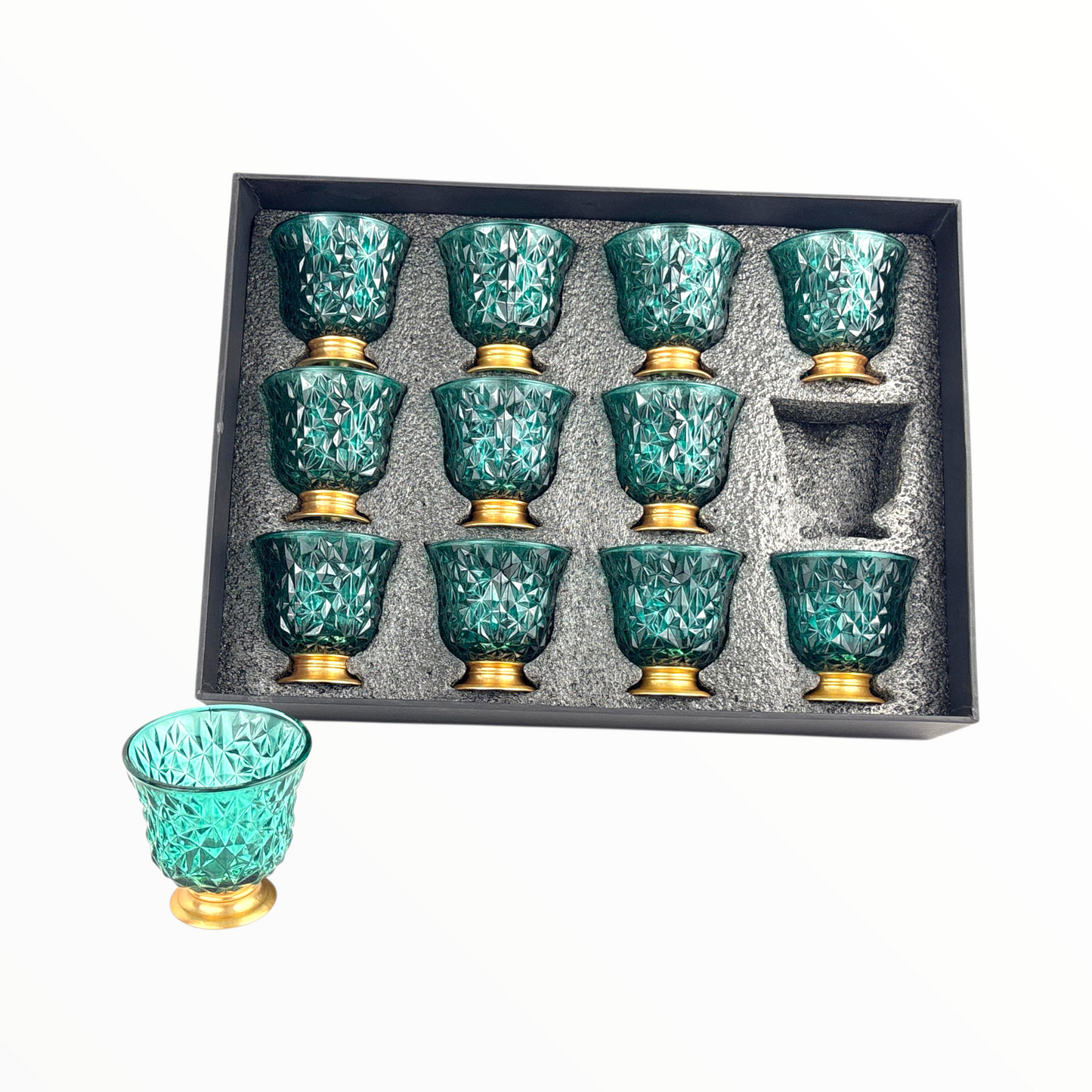12-Piece Crystal mint blue Arabic Coffee Cups – Diamond Cut Finjan Set with Gold Base