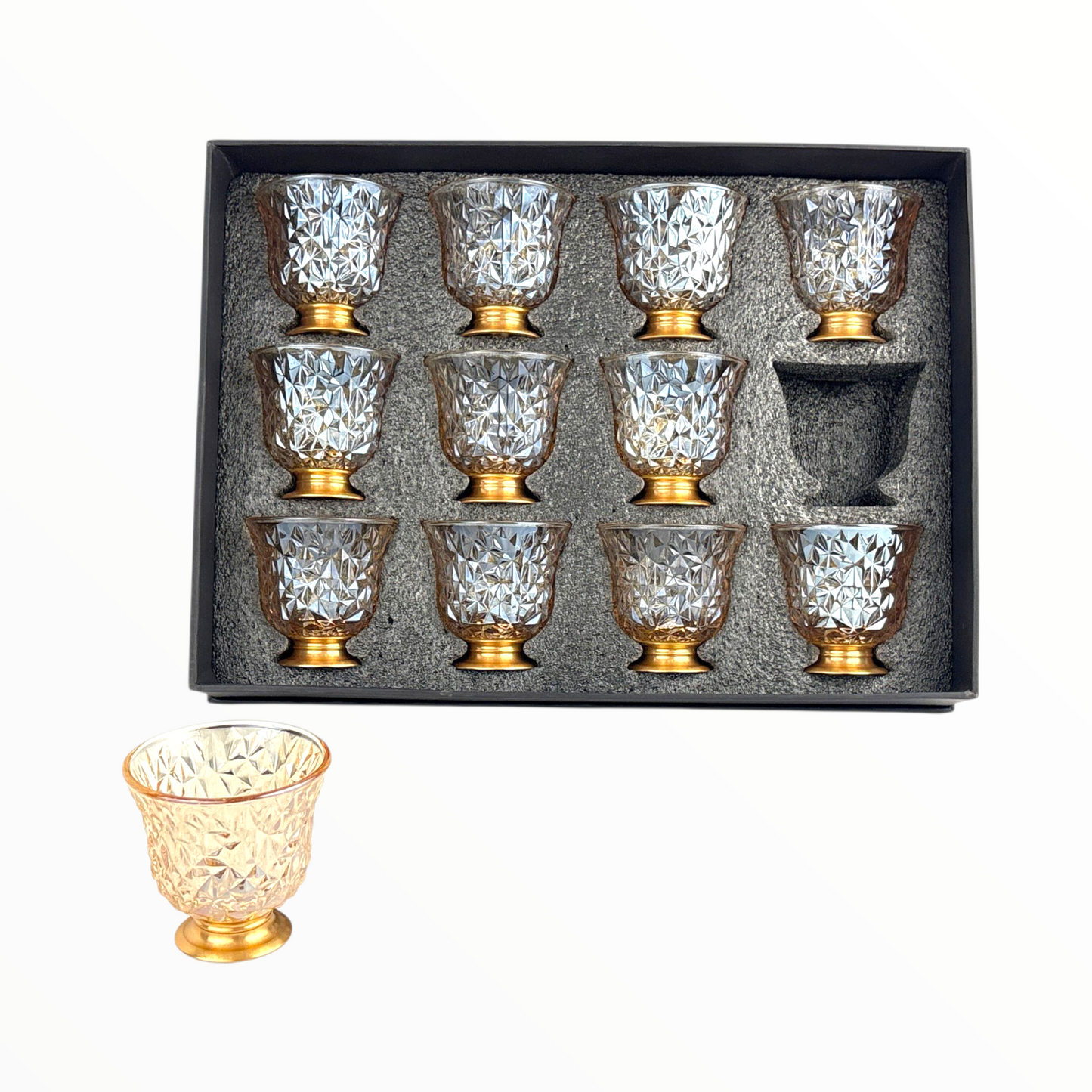 12-Piece Crystal brown Arabic Coffee Cups – Diamond Cut Finjan Set with Gold Base