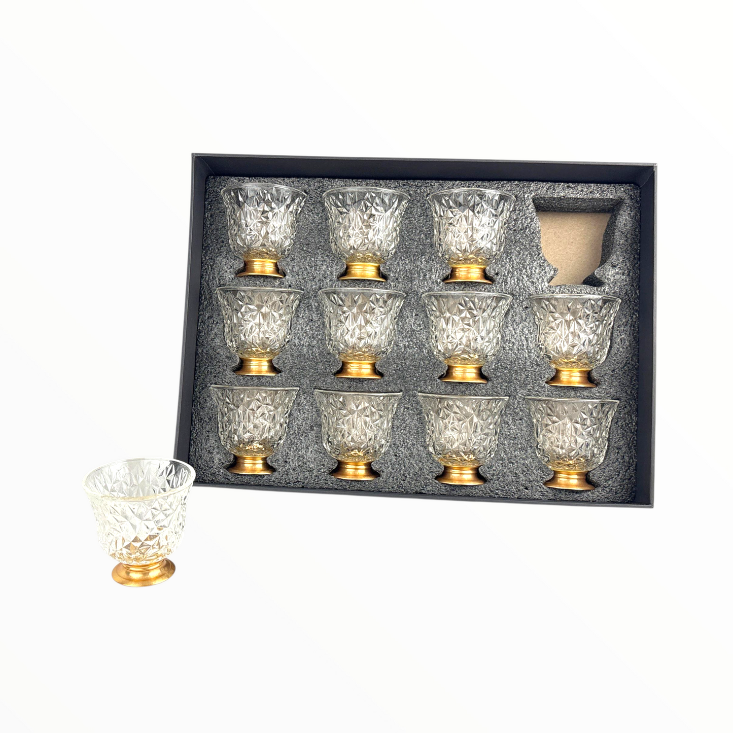 12-Piece Crystal clear Arabic Coffee Cups – Diamond Cut Finjan Set with Gold Base