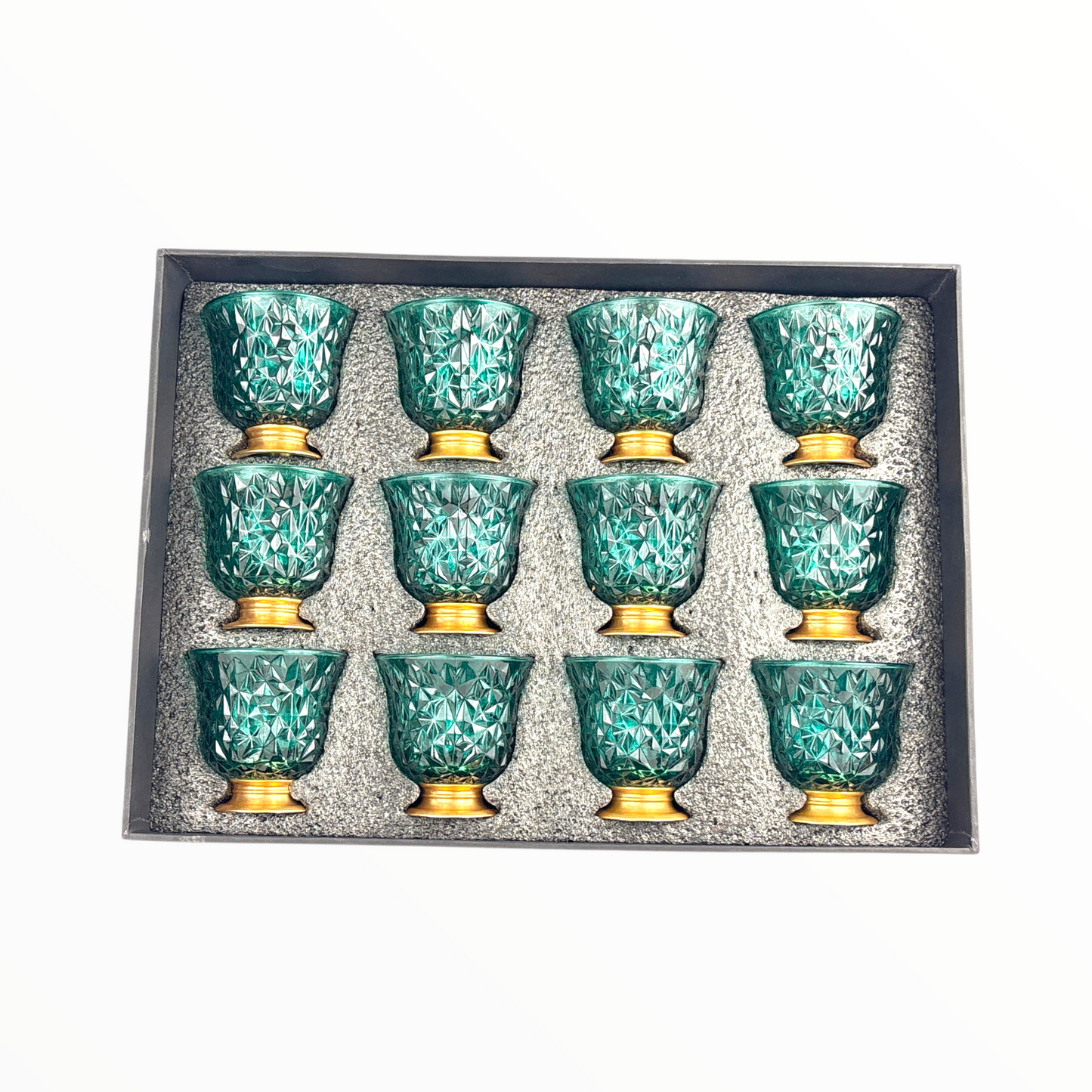 12-Piece Crystal mint blue Arabic Coffee Cups – Diamond Cut Finjan Set with Gold Base