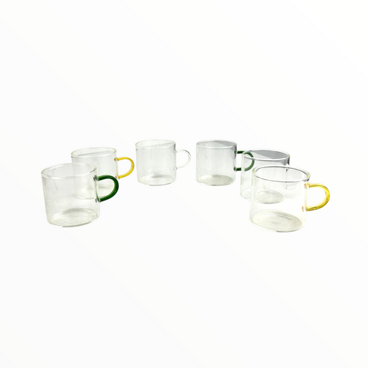 6-Piece Clear Glass Coffee Cup Set with Colored Handles – Heat-Resistant Modern Tea & Espresso Cups 100ml