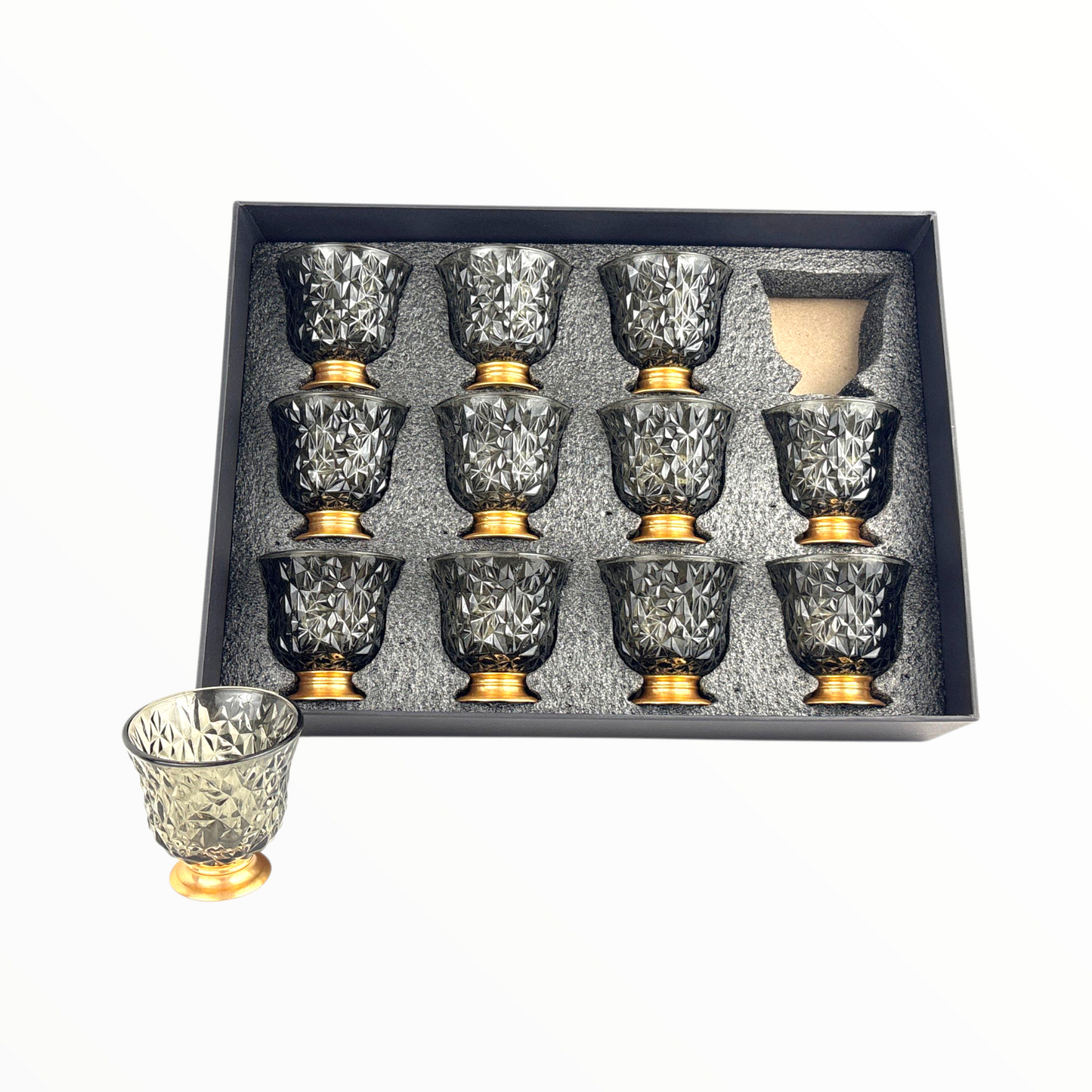 12-Piece Crystal Black Arabic Coffee Cups – Diamond Cut Finjan Set with Gold Base