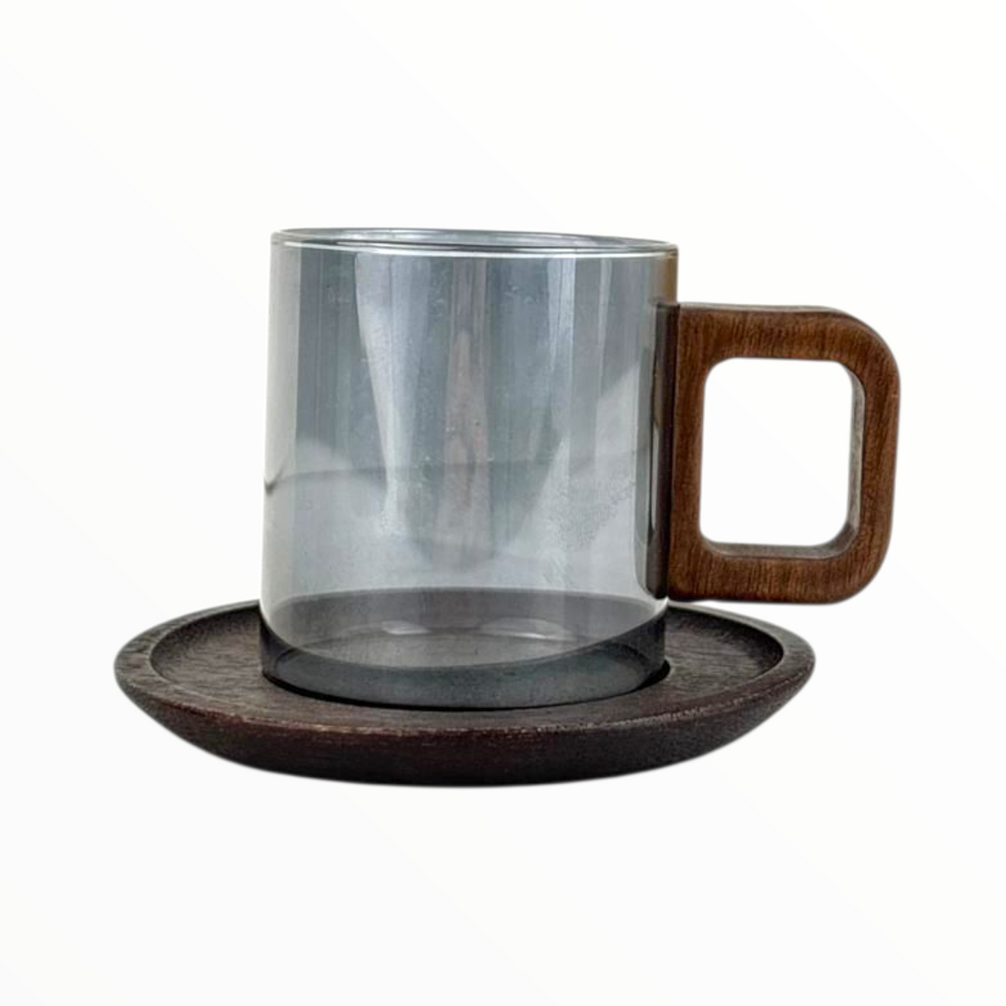 Modern Glass Coffee Cup with Wooden Handle & Wooden Saucer – Heat-Resistant Elegant Mug