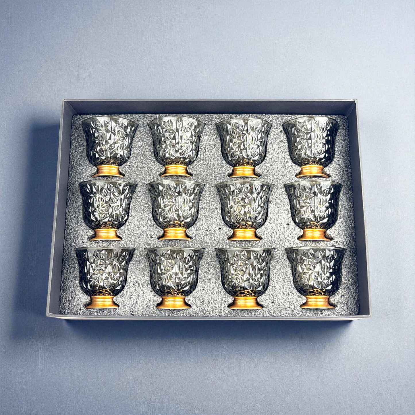 12-Piece Crystal Black Arabic Coffee Cups – Diamond Cut Finjan Set with Gold Base