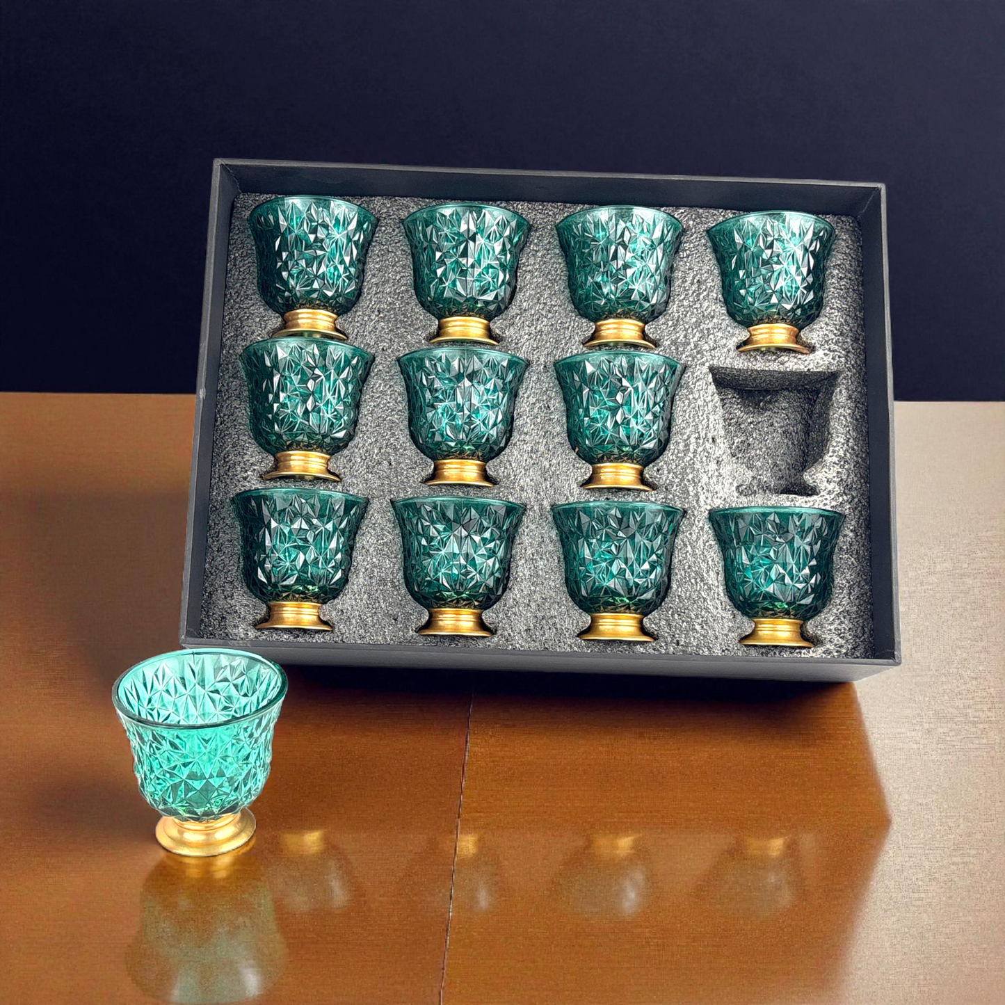 12-Piece Crystal mint blue Arabic Coffee Cups – Diamond Cut Finjan Set with Gold Base