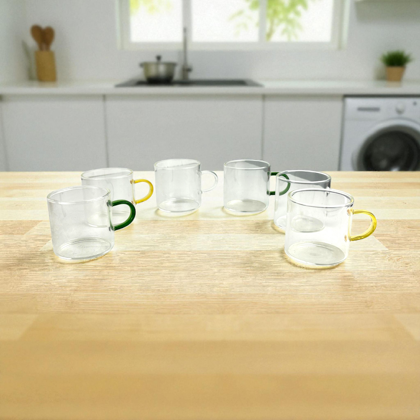 6-Piece Clear Glass Coffee Cup Set with Colored Handles – Heat-Resistant Modern Tea & Espresso Cups 100ml