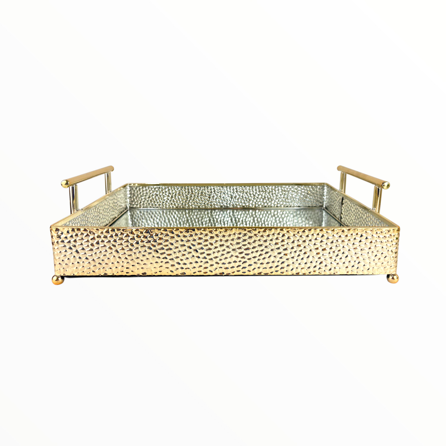 Hammered Gold Decorative Serving Tray with Handles – Luxury Mirrored Coffee Table Tray for Home Décor