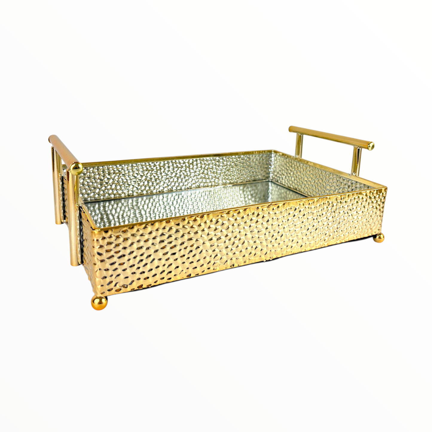 Hammered Gold Decorative Serving Tray with Handles – Luxury Mirrored Coffee Table Tray for Home Décor