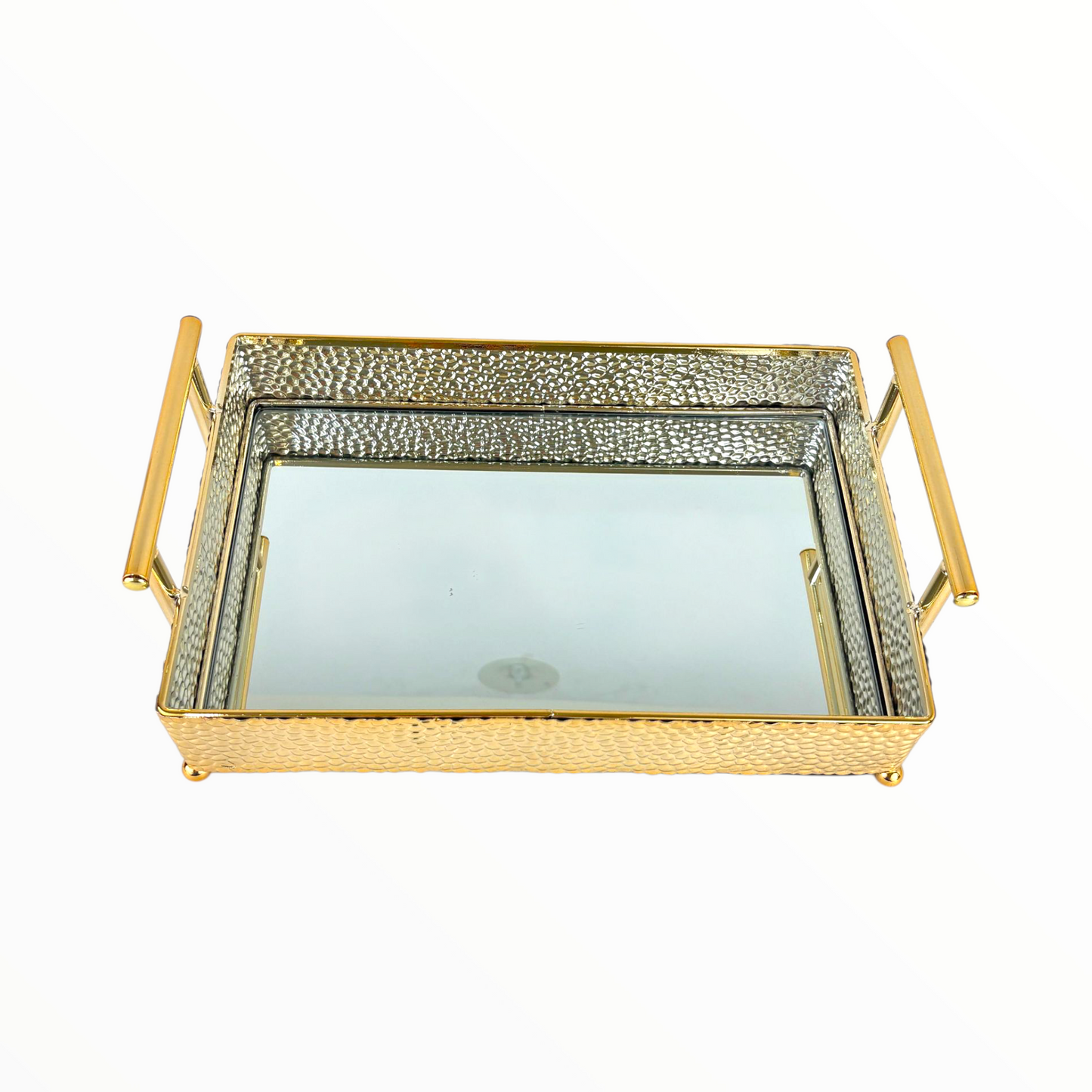 Hammered Gold Decorative Serving Tray with Handles – Luxury Mirrored Coffee Table Tray for Home Décor