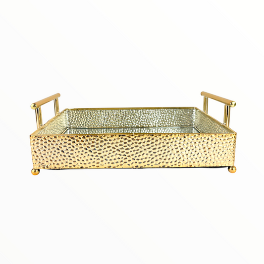 Hammered Gold Decorative Serving Tray with Handles – Luxury Mirrored Coffee Table Tray for Home Décor