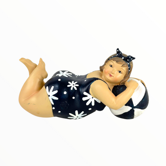 Vintage Beach Girl Figurine – Decorative Resin Swimmer Statue in Navy Floral Swimsuit