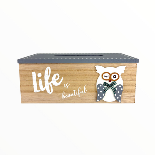 Wooden Tissue Box Holder with Owl Design – “Life is Beautiful” Decorative Tissue Dispenser