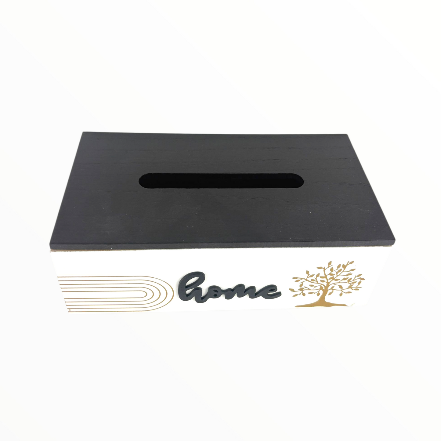 Modern Wooden Tissue Box Holder – “Home” Design with Golden Tree & Minimal Lines