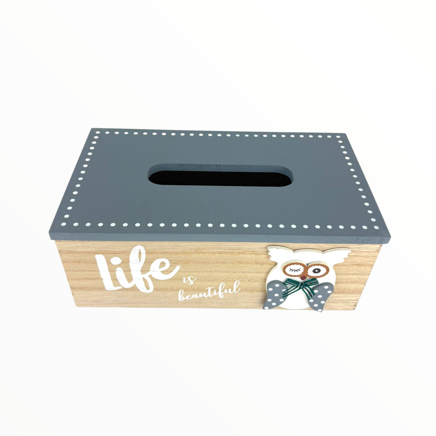 Wooden Tissue Box Holder with Owl Design – “Life is Beautiful” Decorative Tissue Dispenser