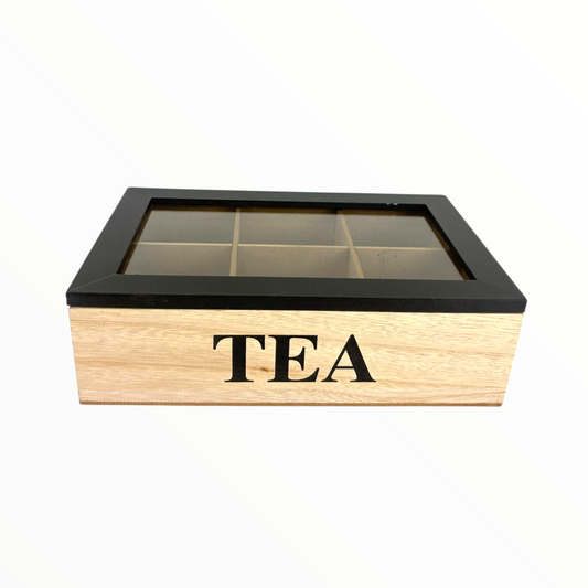 Wooden Organizer Box with 6 Compartments – “tea word design"