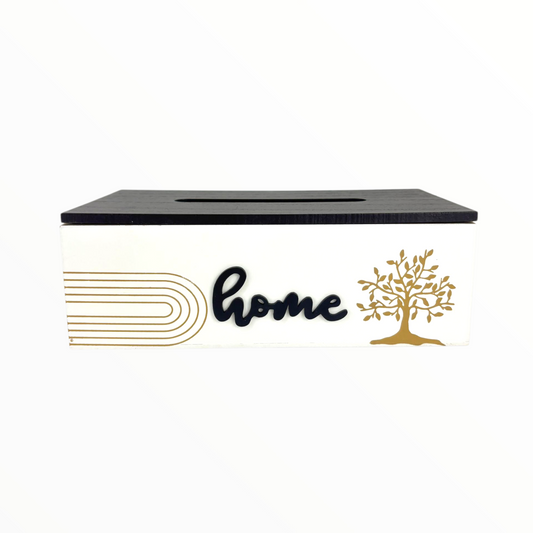 Modern Wooden Tissue Box Holder – “Home” Design with Golden Tree & Minimal Lines