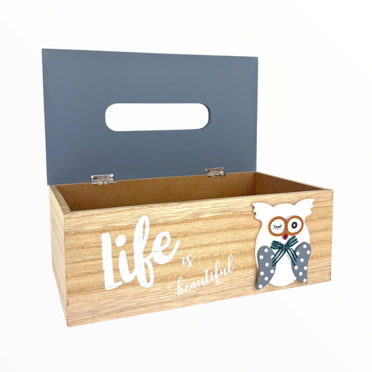 Wooden Tissue Box Holder with Owl Design – “Life is Beautiful” Decorative Tissue Dispenser