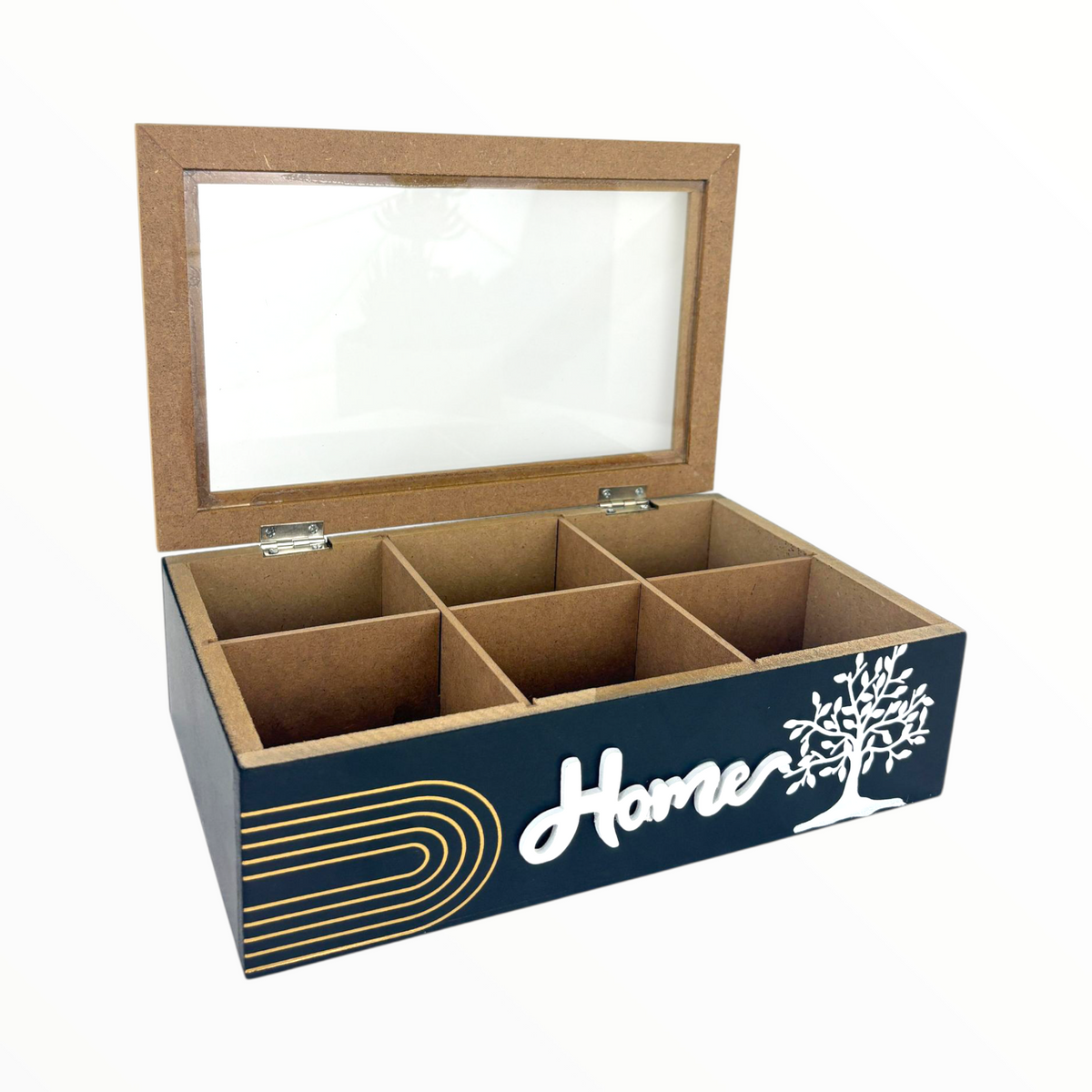 Wooden Organizer Box with 6 Compartments – “Home” Design with Glass Lid & Tree Artwork
