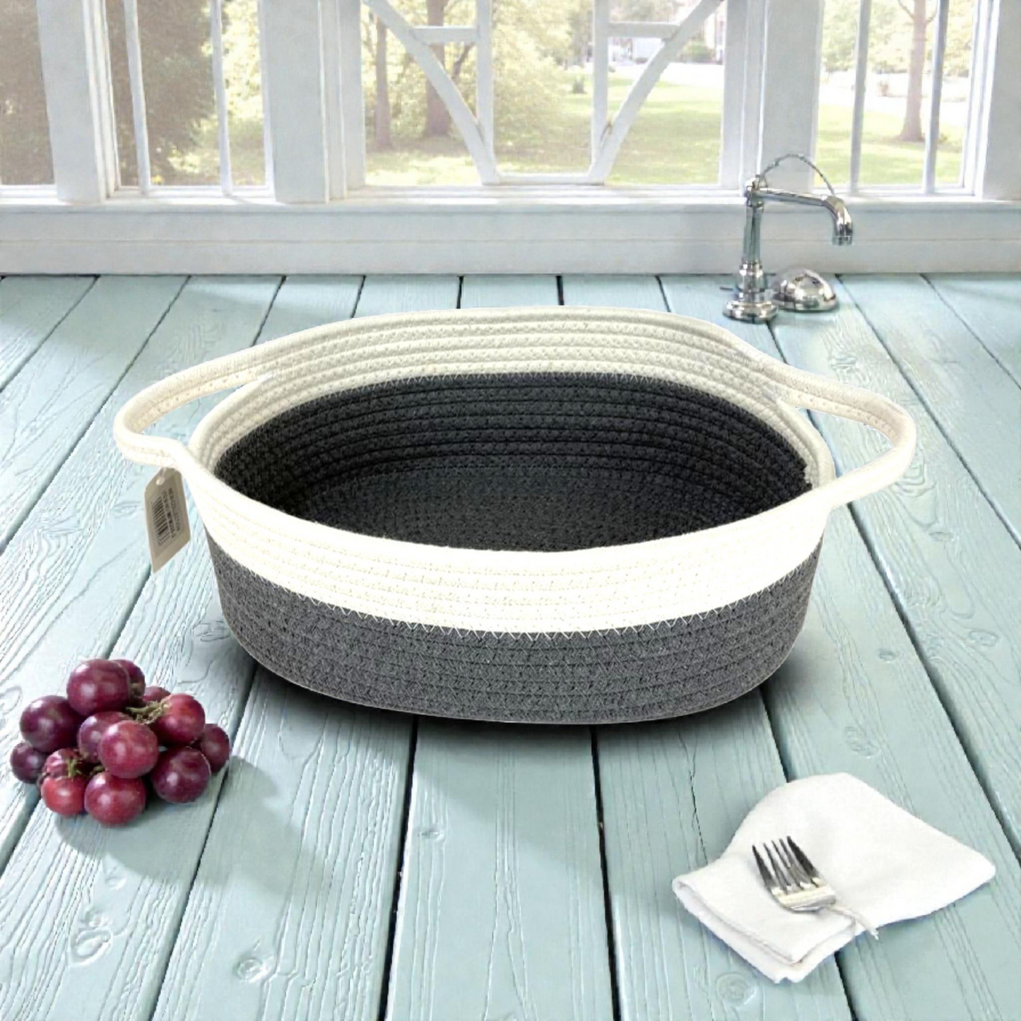 Meduim Two-Tone Woven Rope Basket Tray with Handles – Decorative Storage Organizer