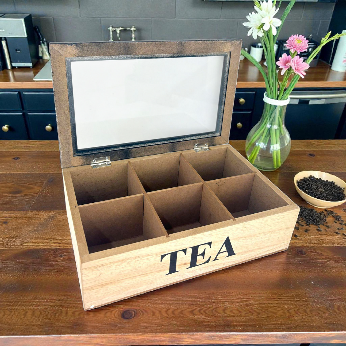 Wooden Organizer Box with 6 Compartments – “tea word design"