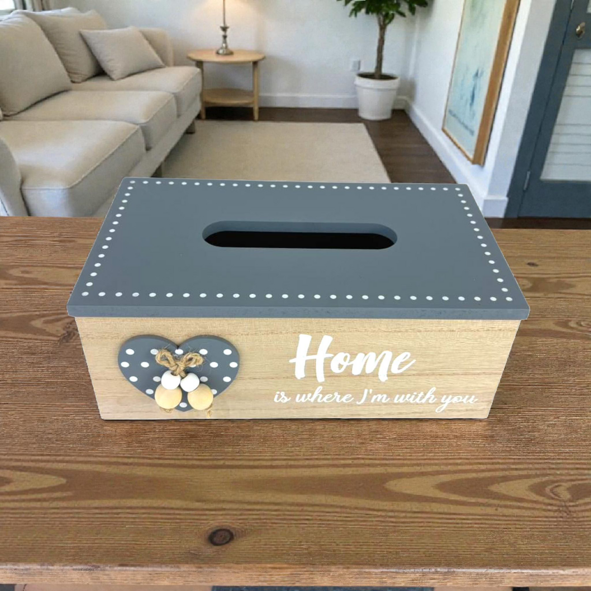 Modern Wooden Tissue Box Holder – “Home” Design with Golden Tree & Minimal Lines
