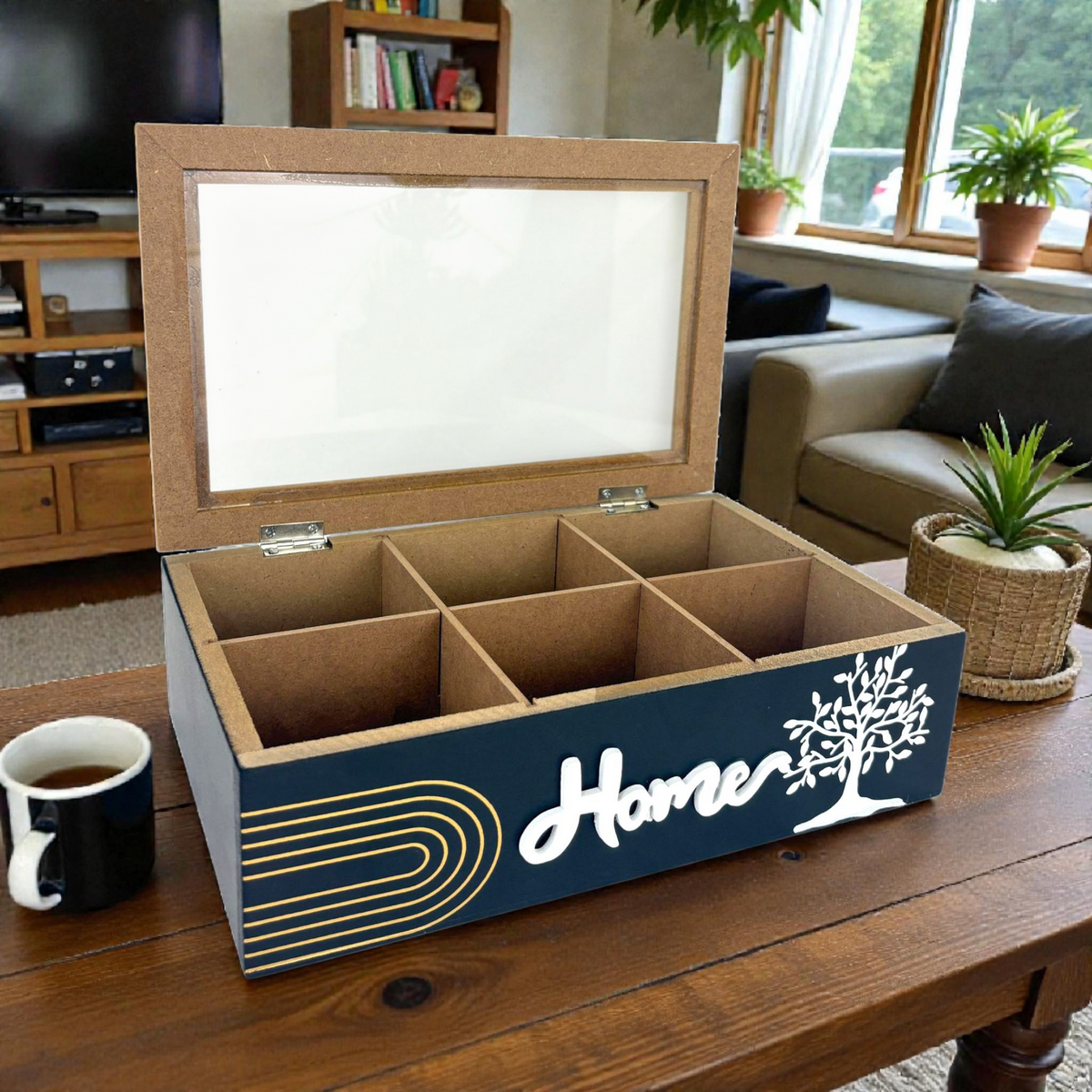 Wooden Organizer Box with 6 Compartments – “Home” Design with Glass Lid & Tree Artwork