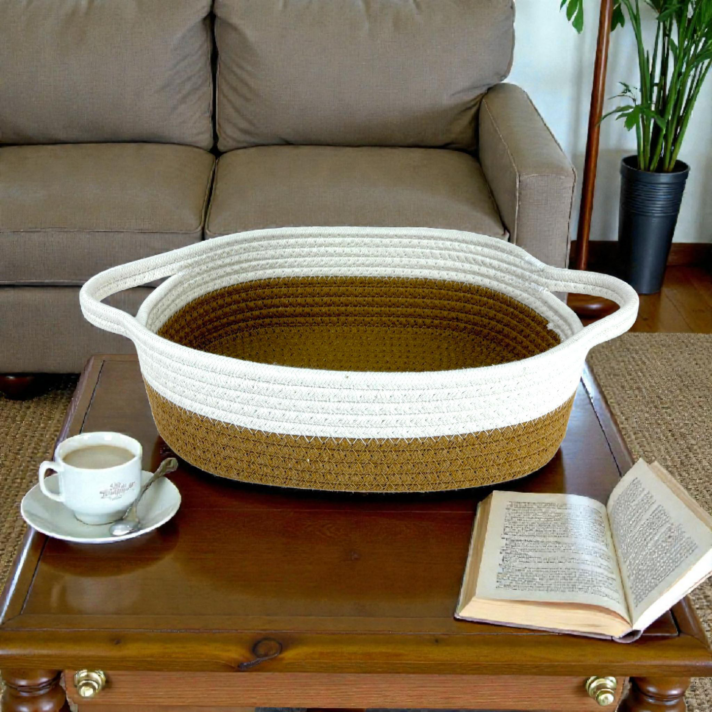 Two-Tone Woven Rope Basket Tray with Handles – Decorative Storage Organizer