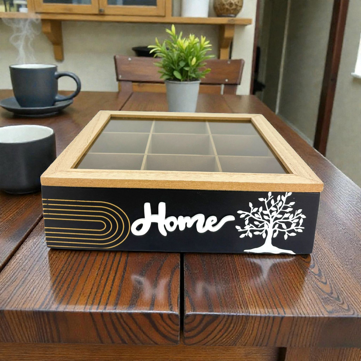Wooden Organizer Box with 9 Compartments – “Home” Design with Glass Lid & Tree Artwork