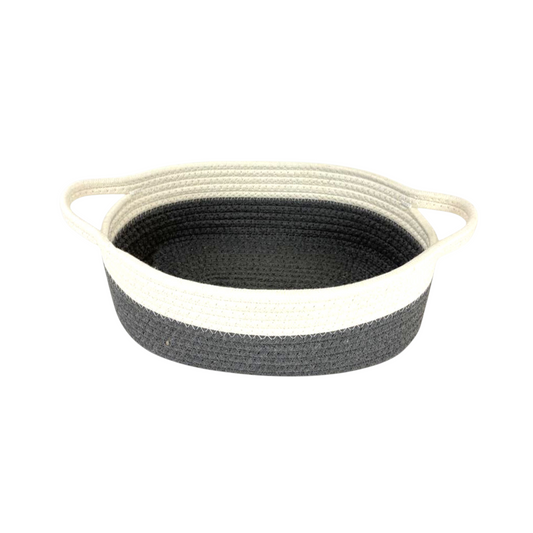 Two-Tone Woven Rope Basket Tray with Handles – Decorative Storage Organizer