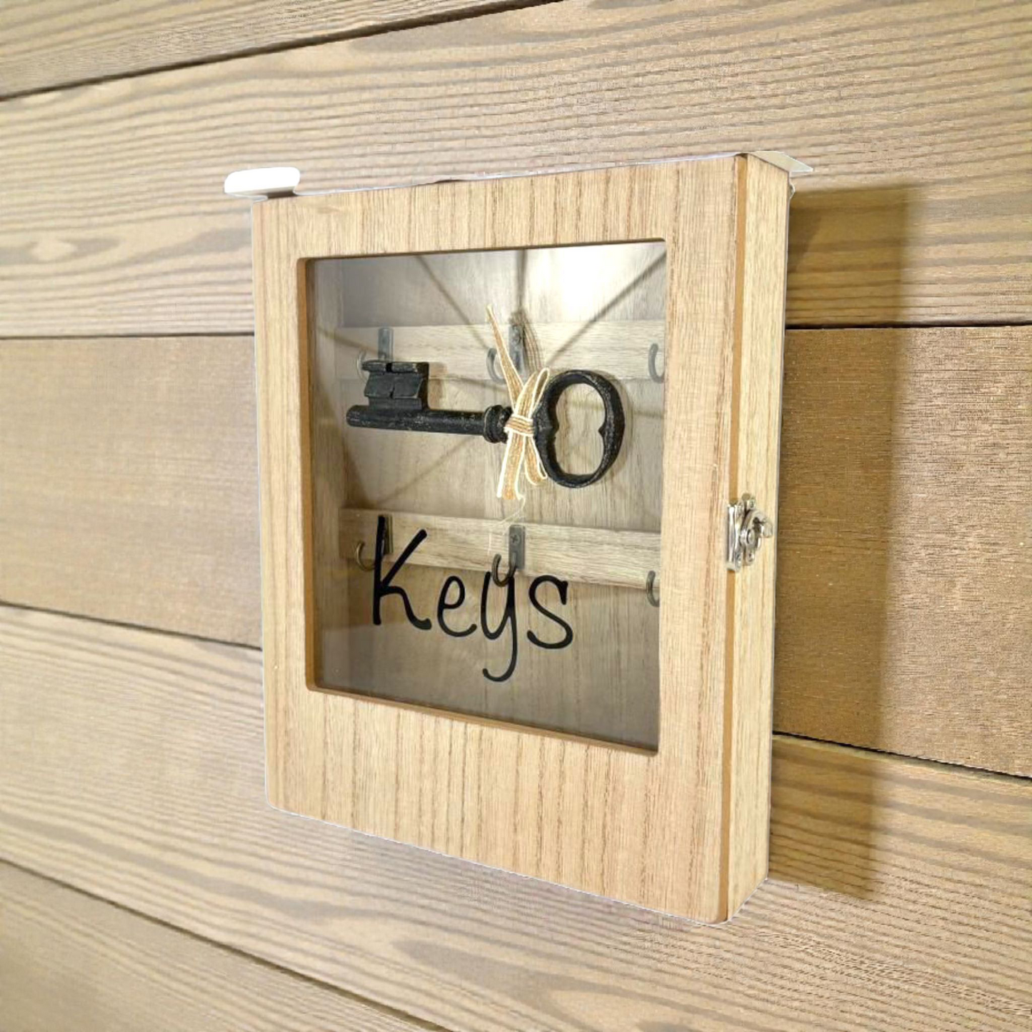 Wooden Wall-Mounted Key Box with Glass Door – Rustic Key Organizer Cabinet