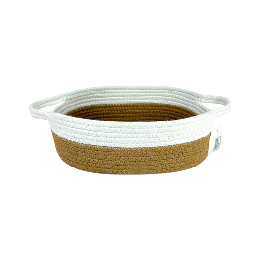 Two-Tone Woven Rope Basket Tray with Handles – Decorative Storage Organizer