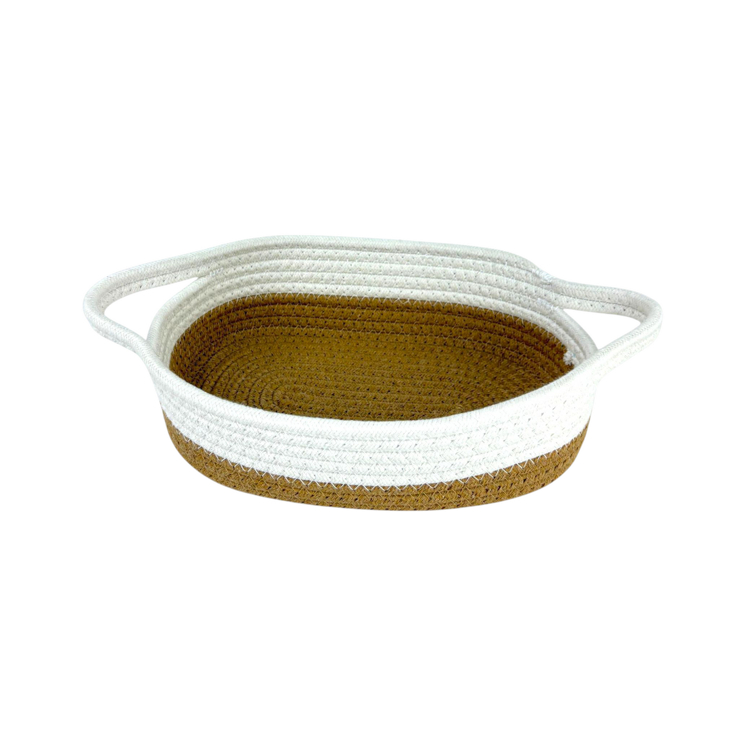 Two-Tone Woven Rope Basket Tray with Handles – Decorative Storage Organizer