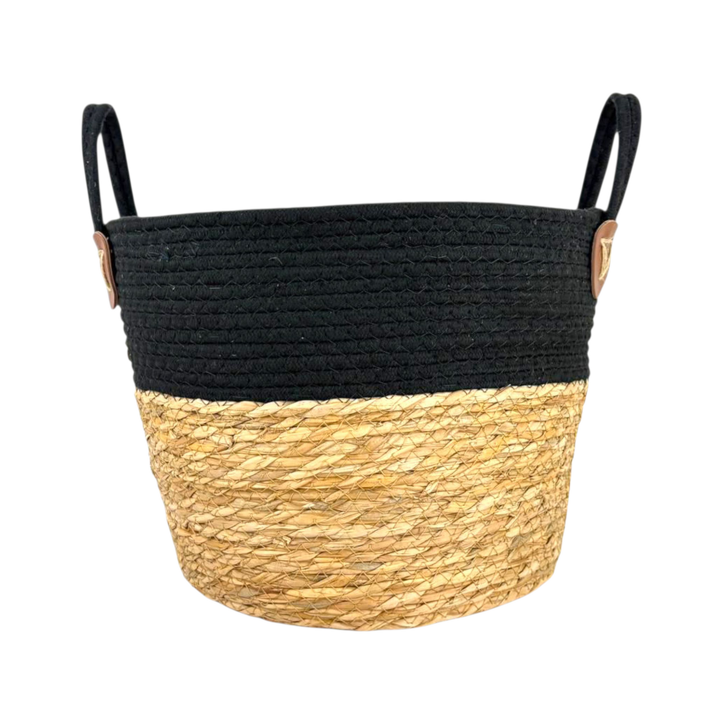 Meduim Two-Tone Woven Storage Basket with Handles – Black & Natural Seagrass Organizer
