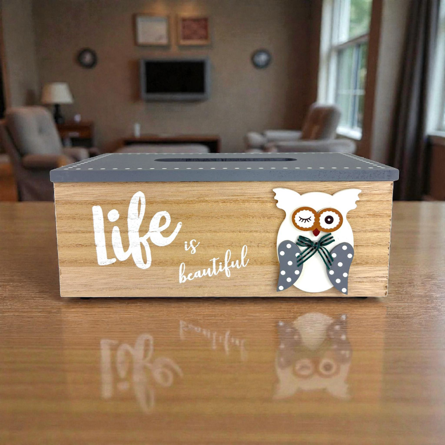 Wooden Tissue Box Holder with Owl Design – “Life is Beautiful” Decorative Tissue Dispenser