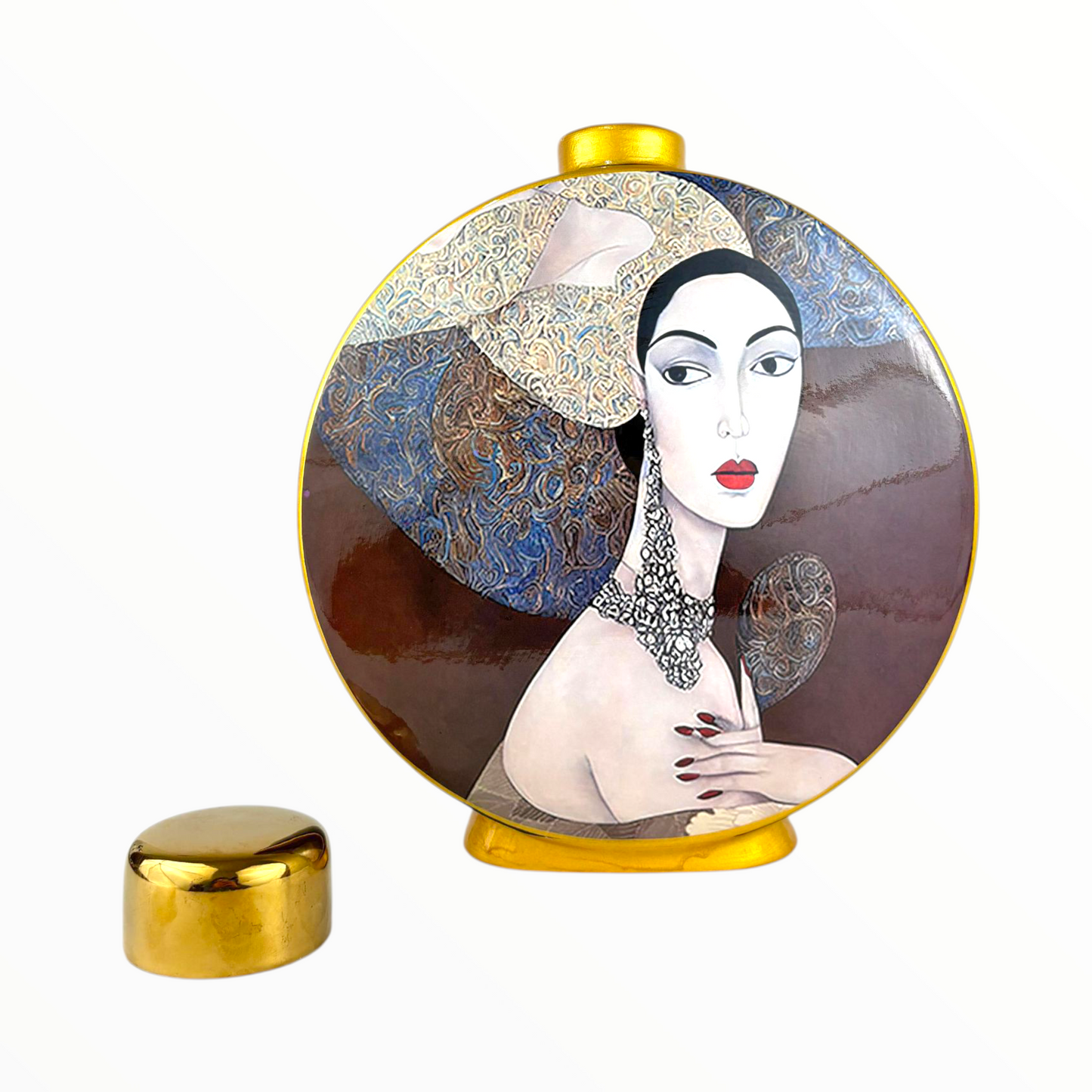 Round Artistic Woman Decorative Jar – Luxury Portrait Vase with Gold Lid