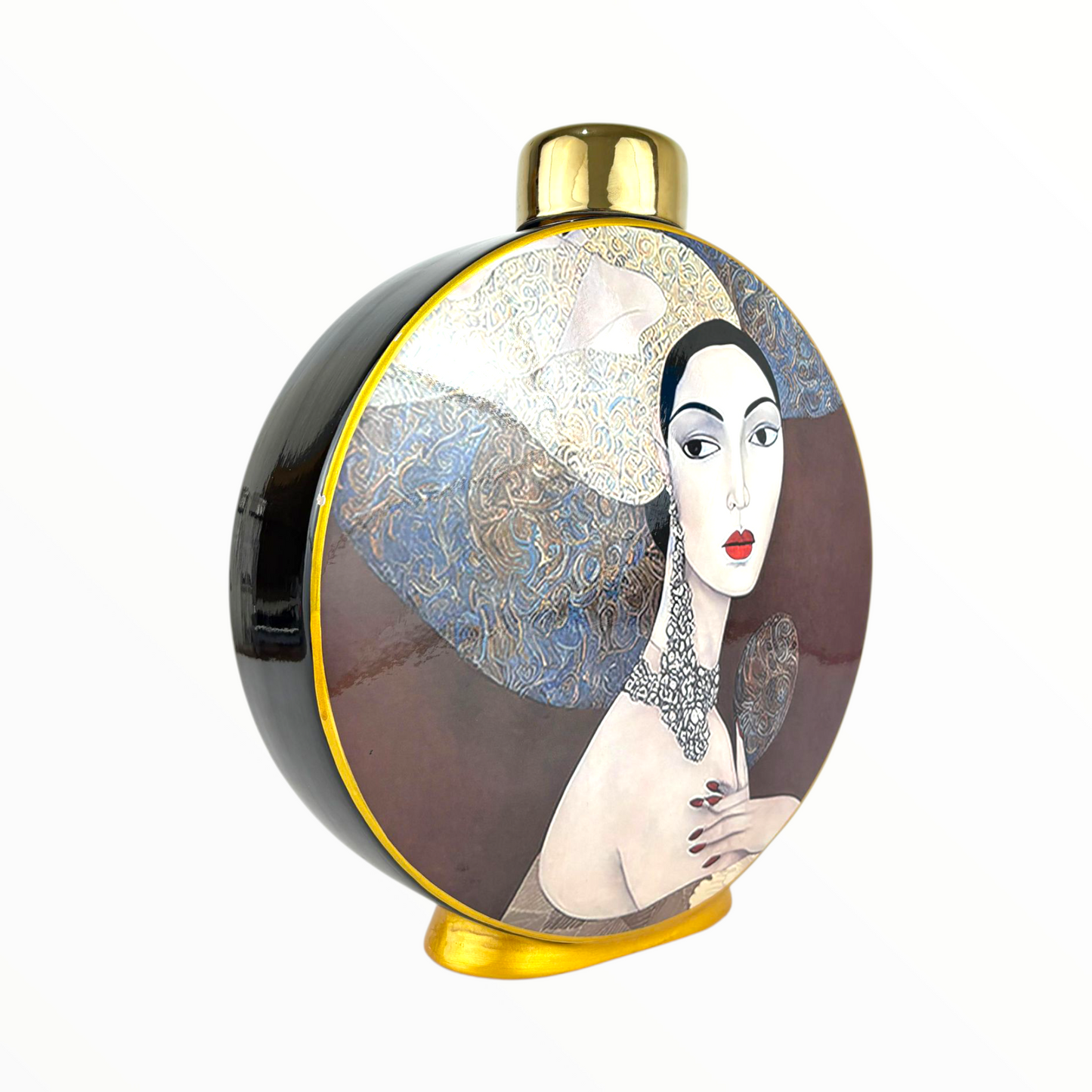 Round Artistic Woman Decorative Jar – Luxury Portrait Vase with Gold Lid