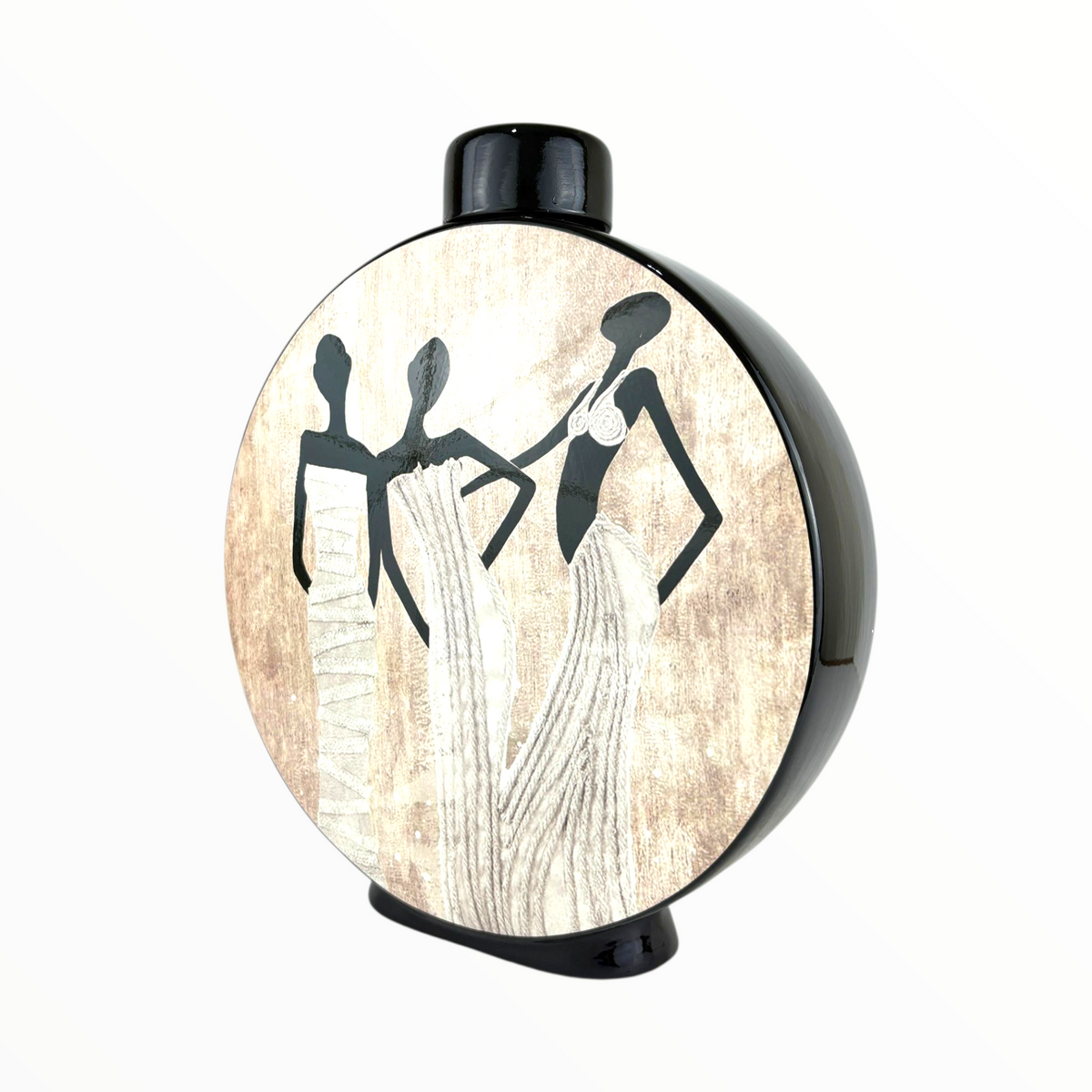 Decorative Round Ceramic Vase With African Women Art – Modern Home Accent