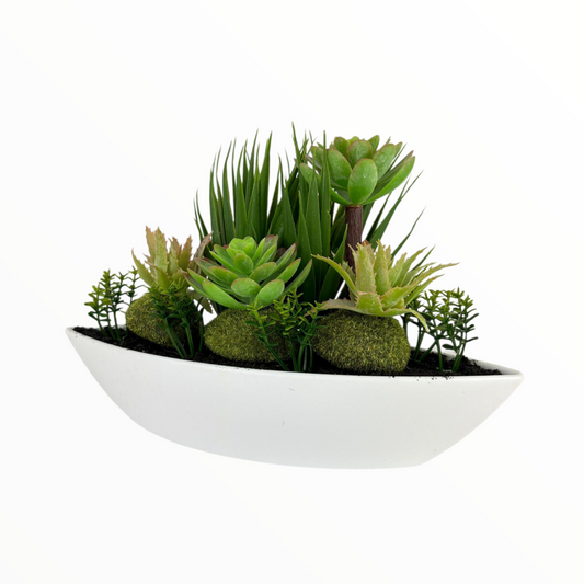 Artificial Succulent Arrangement in White Boat-Shaped Pot – Modern Faux Green Succulents Decor