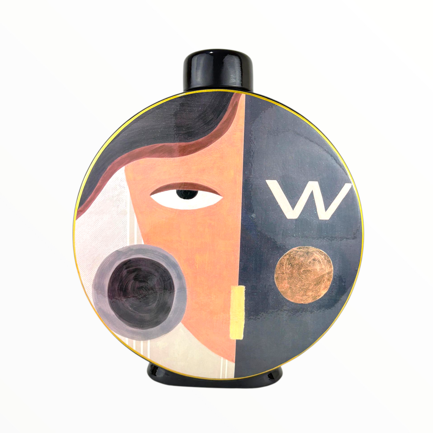Modern Abstract Face Decorative Jar – Round Art Vase with Black Lid