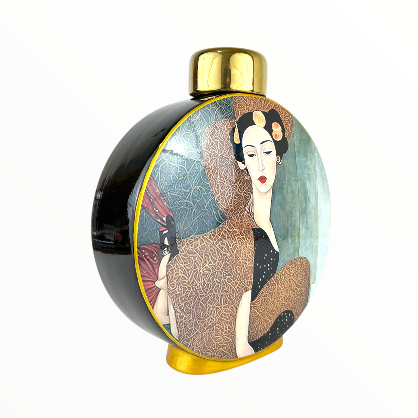 Round Decorative Jar – Elegant Woman Art Vase with Gold Lid
