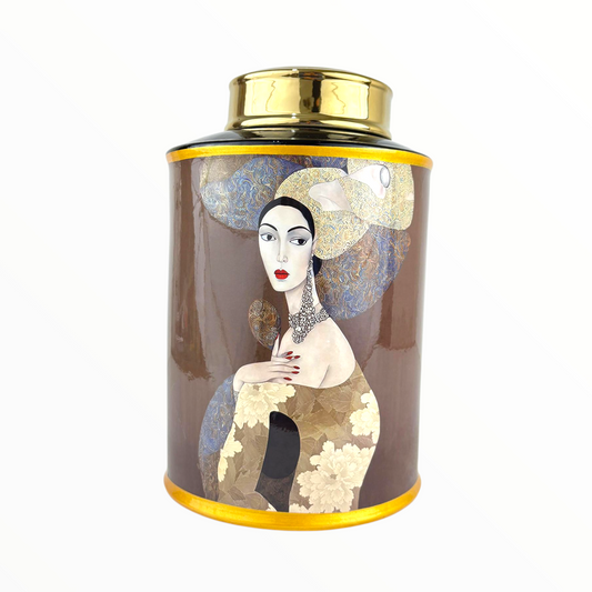 Luxury Artistic Woman Decorative Jar – Tall Porcelain Vase with Gold Lid