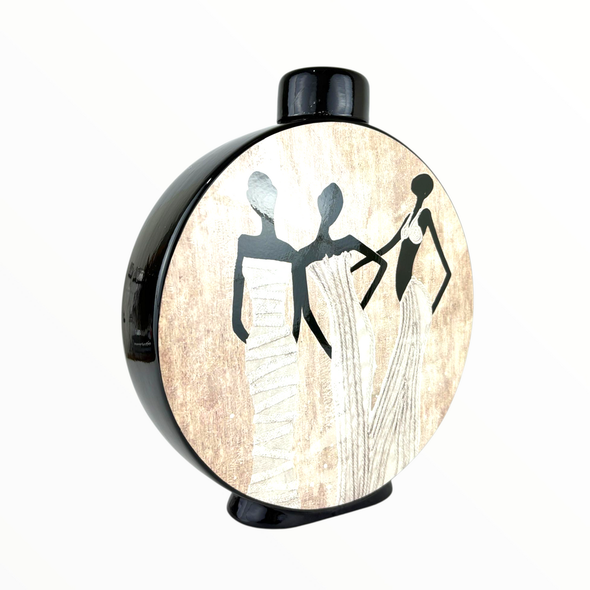 Decorative Round Ceramic Vase With African Women Art – Modern Home Accent